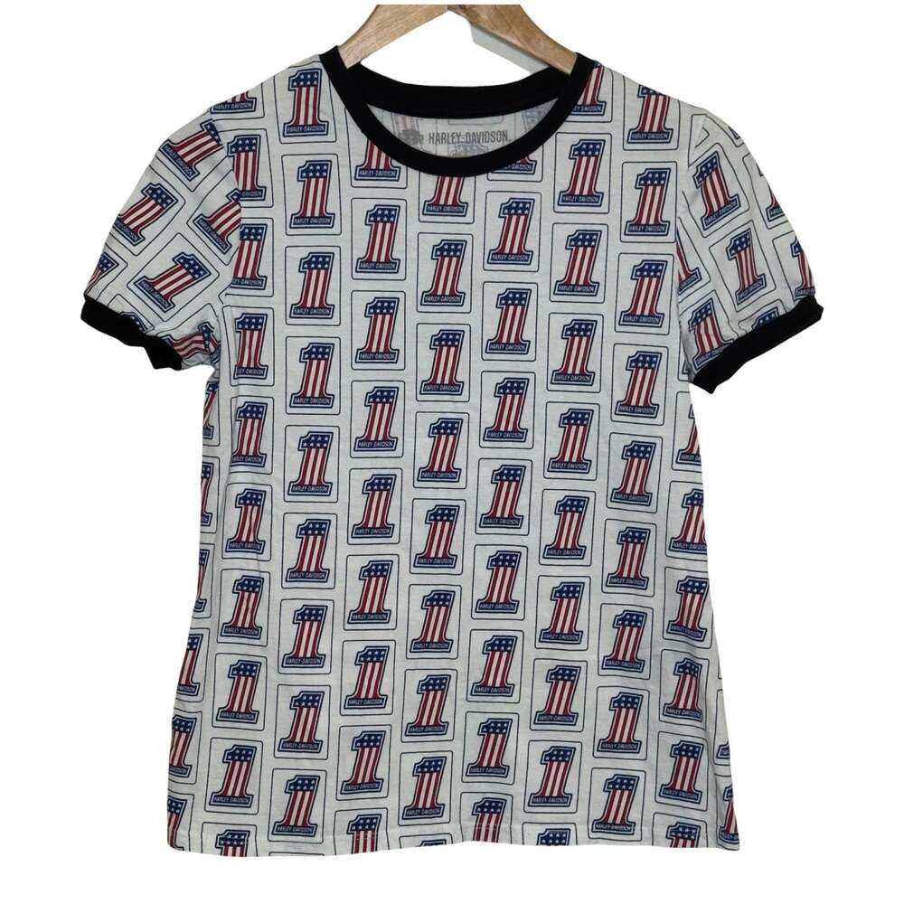 Harley Davidson #1 Retro Allover Print Ringer Shirt Women's Medium No 1
